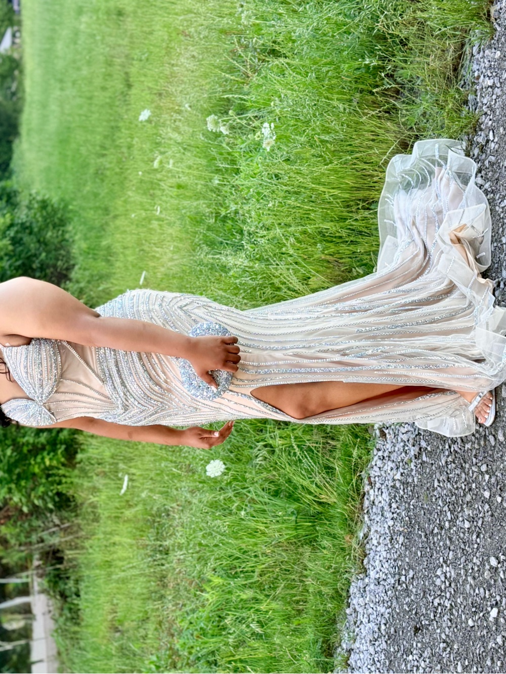 Silver Beaded Prom Gown with High Slit